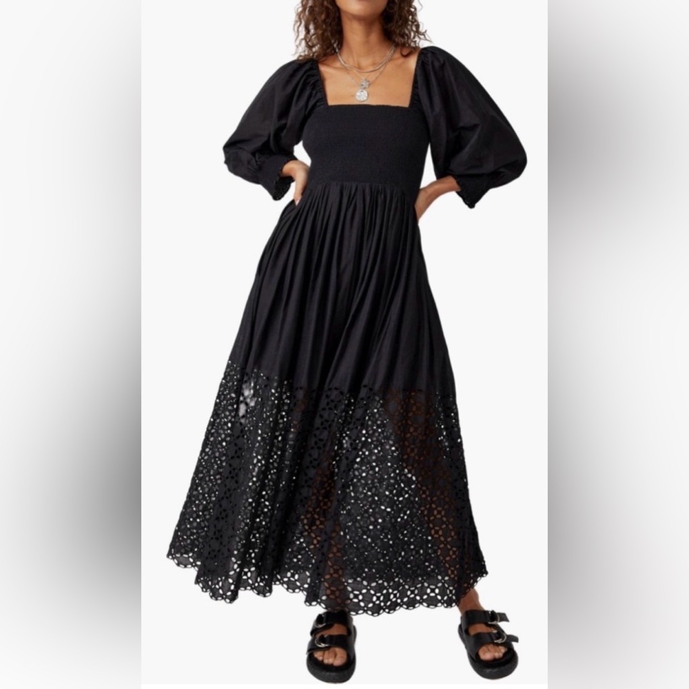 Free people perfect storm smocked eyelet long sleeve maxi dress L